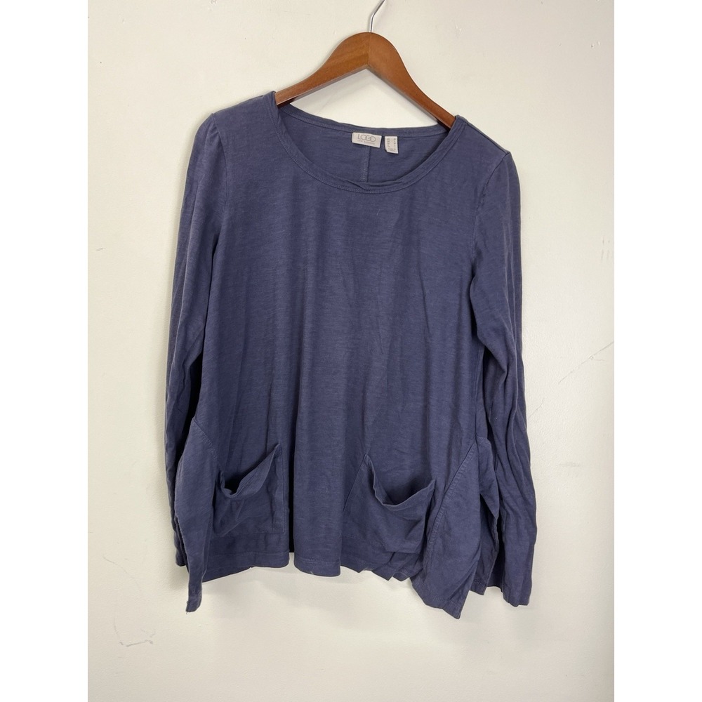 LOGO Lori Goldstein Top Womens Medium Blue Tunic Pockets Boho
